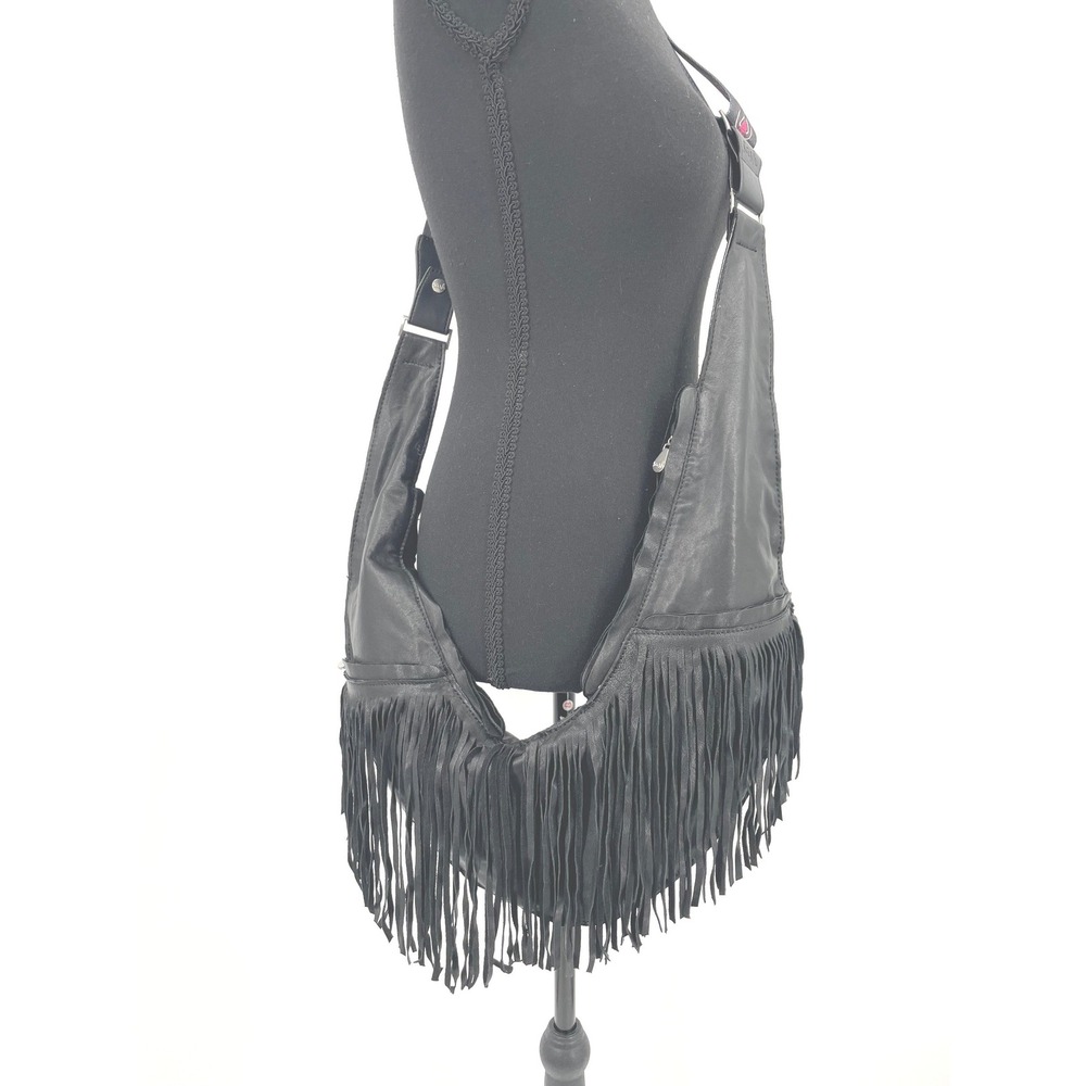Sash Bag Crossbody Women OS Black Leather Fringe Boho Festival Egyptian Scarab